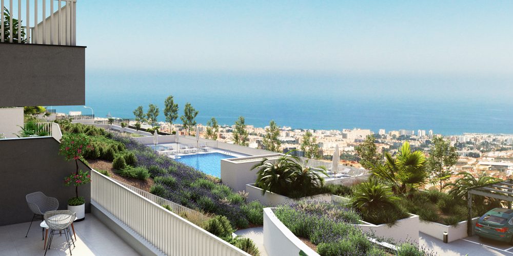Espectaculares vistas desde la terraza de Aquí vemos el frente de estos Elegantes Departamentos en Benalmadena - Vende Costa del Sol Espana Inversiones Inmobiliarias.