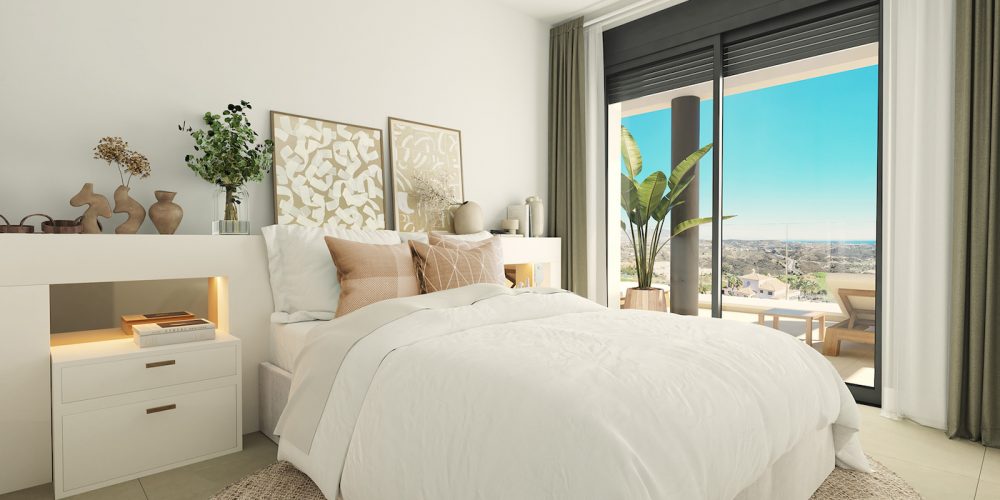 Elegante dormitorio con vistas al Mediterraneo en estos Excepcionales Apartamentos y Aticos en la Cala de Mijas - Vende Costa del Sol Inversiones Inmobiliarias