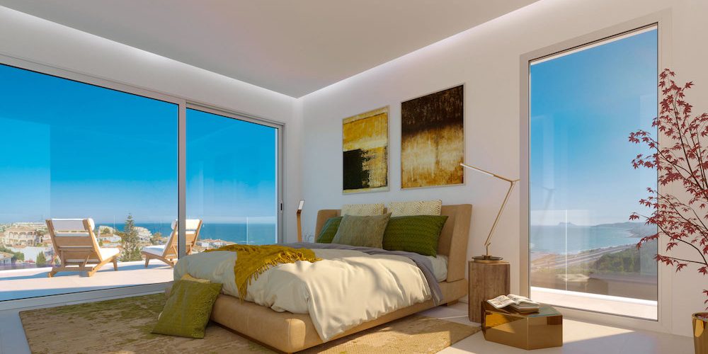 Dormitorio con estupendas vistas al mar de este Exclusivo Resort en Mijas- Vende Costa del Sol Property Investments